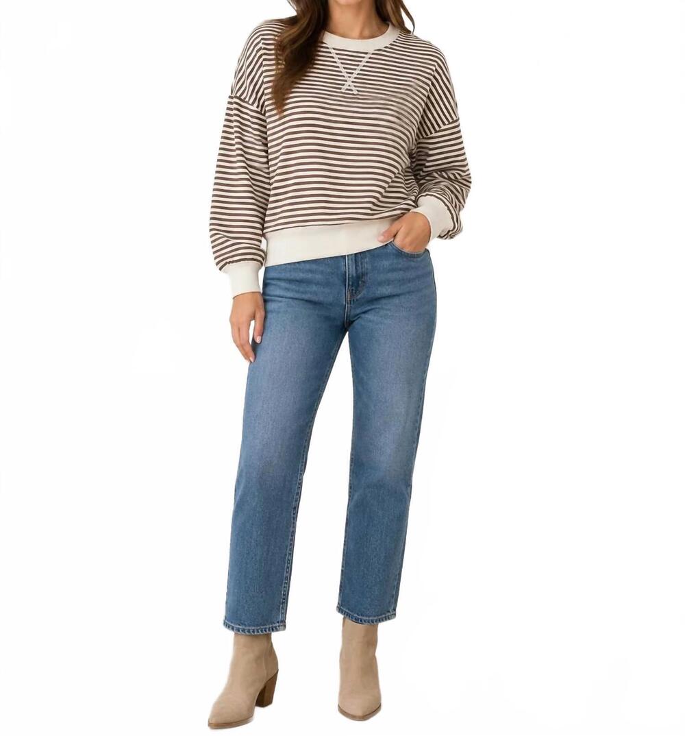 NEW ZENANA women's striped rib banded short sleeve pullover in mocha